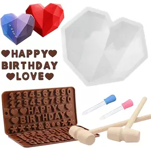 7Pcs Breakable Heart Mold Set for Chocolate, Heart Silicone Molds with Hammers and Dropper, Letter Mold and Number Chocolate Molds for Valentine Candy Making Cake Oven Baking Tools Non Toxic Bakeware