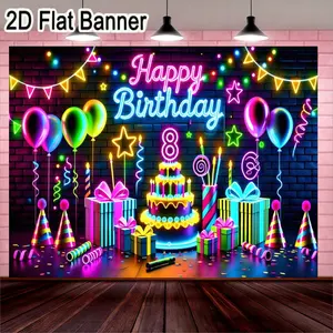 2D flat banner, 1pcNeon Happy Birthday Backdrop, Vibrant Neon Theme Party Decorations for 8th Birthday Celebration with Colorful Balloons and Gift Wrapping