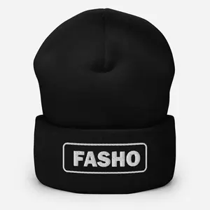 FASHO Cuffed Beanie - Black Beanie with White Text, Classic Design, Ideal for Cold Weather Wear