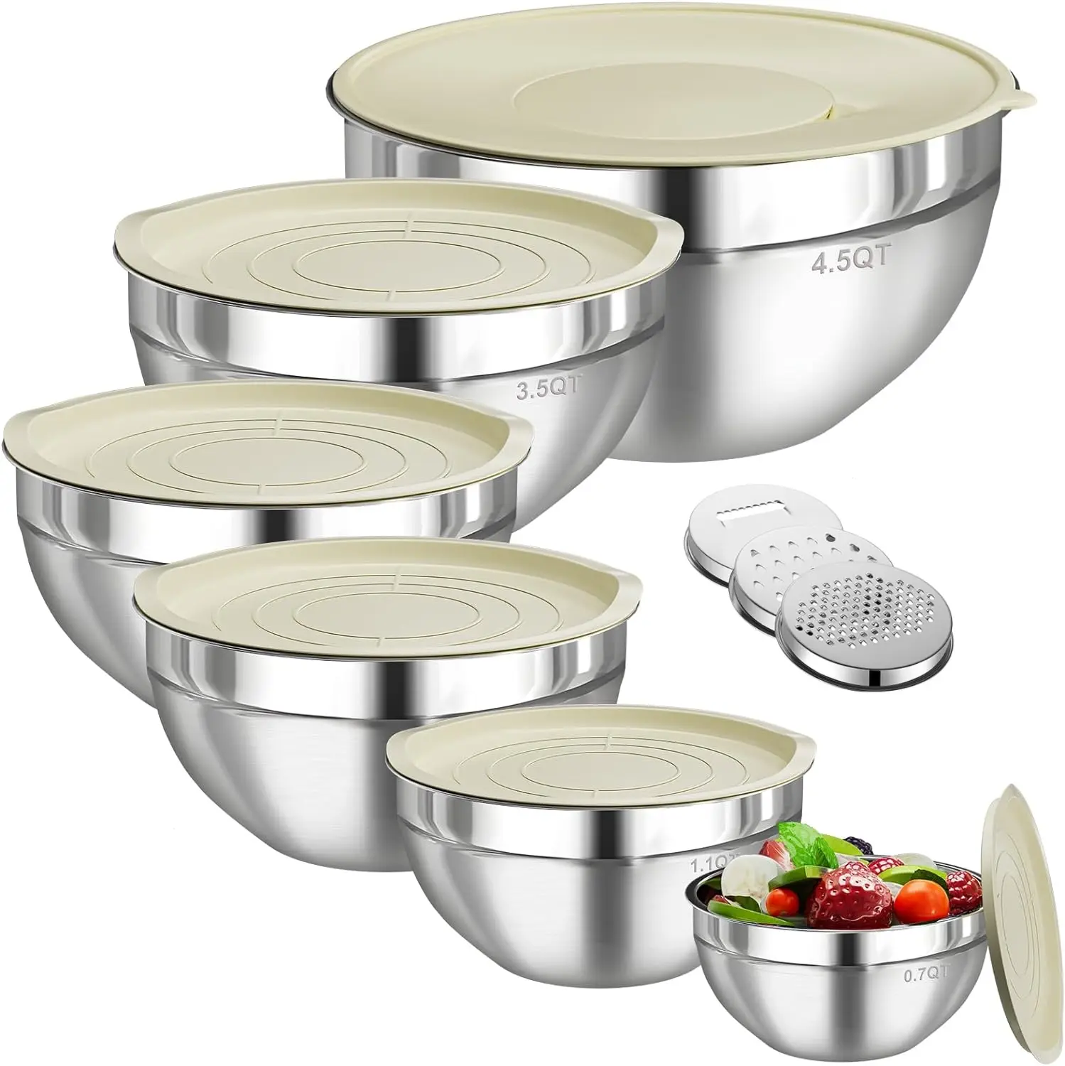 6-Piece Multicolor Stainless Steel Nesting Mixing Bowls Set with Lids, 3 Grater Attachments, Nest for Storage - 4.5/3.5/2.1/1.5/1.1/0.7QT, Dishwasher Safe, Space-Saving for Kitchen Meal Prep, Baking