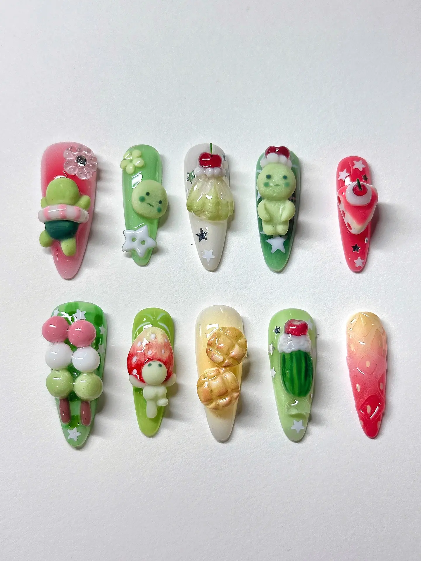 Smiski Inspired Press On Nails Handmade Kawaii 3D Dessert Glow Stiletto Reusable Acrylic Gel False Nails | FREE Adhesive Tabs FREE Nail File FREE Cuticle Stick