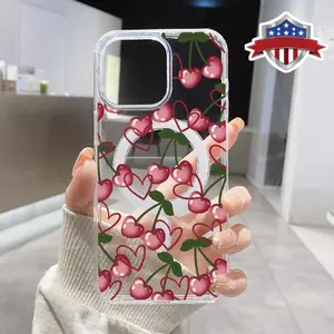 Heart of Cherries Pattern Magnetic Phone Case Supports Wireless Charging for iPhone 15 16 14 Pro Max 13 12 11 XR XS E Plus Shockproof Non Slip Protection Silicone Transparent Acrylic Large Hole Cover Cellphone Protective