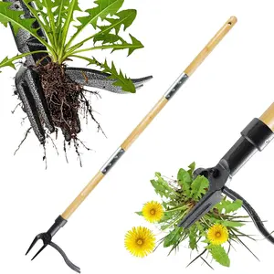 Grandpa's Weed Remover, Weeding Tool, Standing Lawn Tool with Long Handle, Real Bamboo and 4-Prong Steel Head, Easy Grass Removal Without Bending