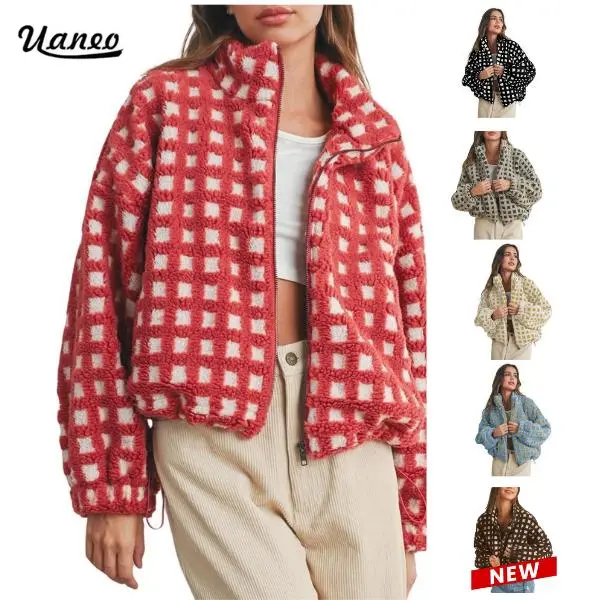 UANEO Women’s Long Sleeve Cropped Sherpa Fleece Plaid Jacket Casual Chunky Teddy Fleece Outerwear