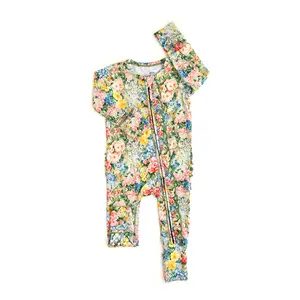 Joanna RUFFLE ZIP Floral Print Baby Romper with 2-Way Zipper for Easy Diaper Changes & Stretchy Bamboo Viscose Fabric