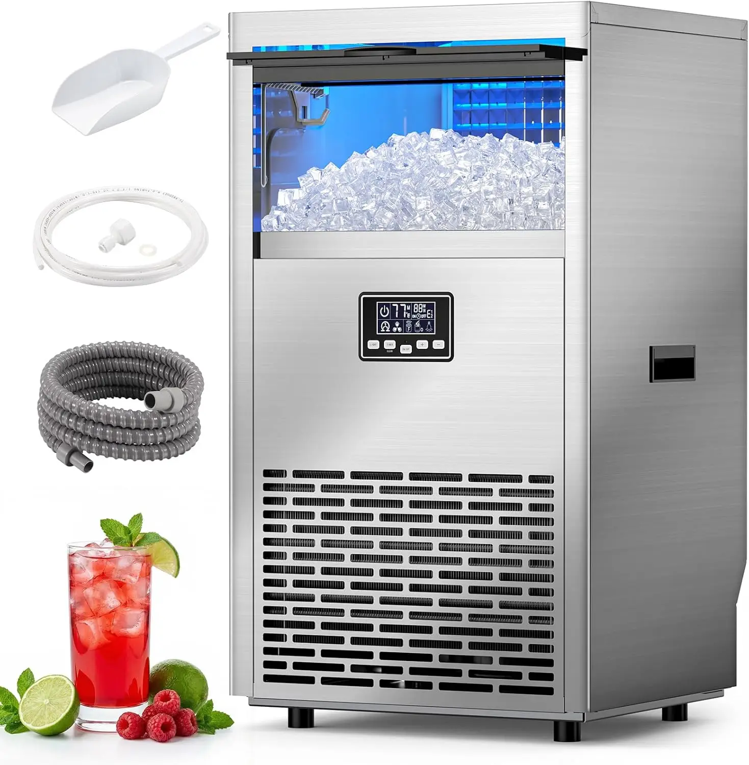 Commercial Ice Maker Machine,100lbs/24H Stainless Steel Ice Machine,29lbs Storage, Auto Self-Cleaning Freestanding Ice Maker, Ice Machine Freestanding for Bar/Cafe/Restaurant-Brushed Silver