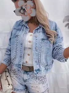 Women's Casual Denim Jacket, Long Sleeve Lapel Neck Design, Rivet Embellished Pockets, Perfect for Daily Wear & Travel