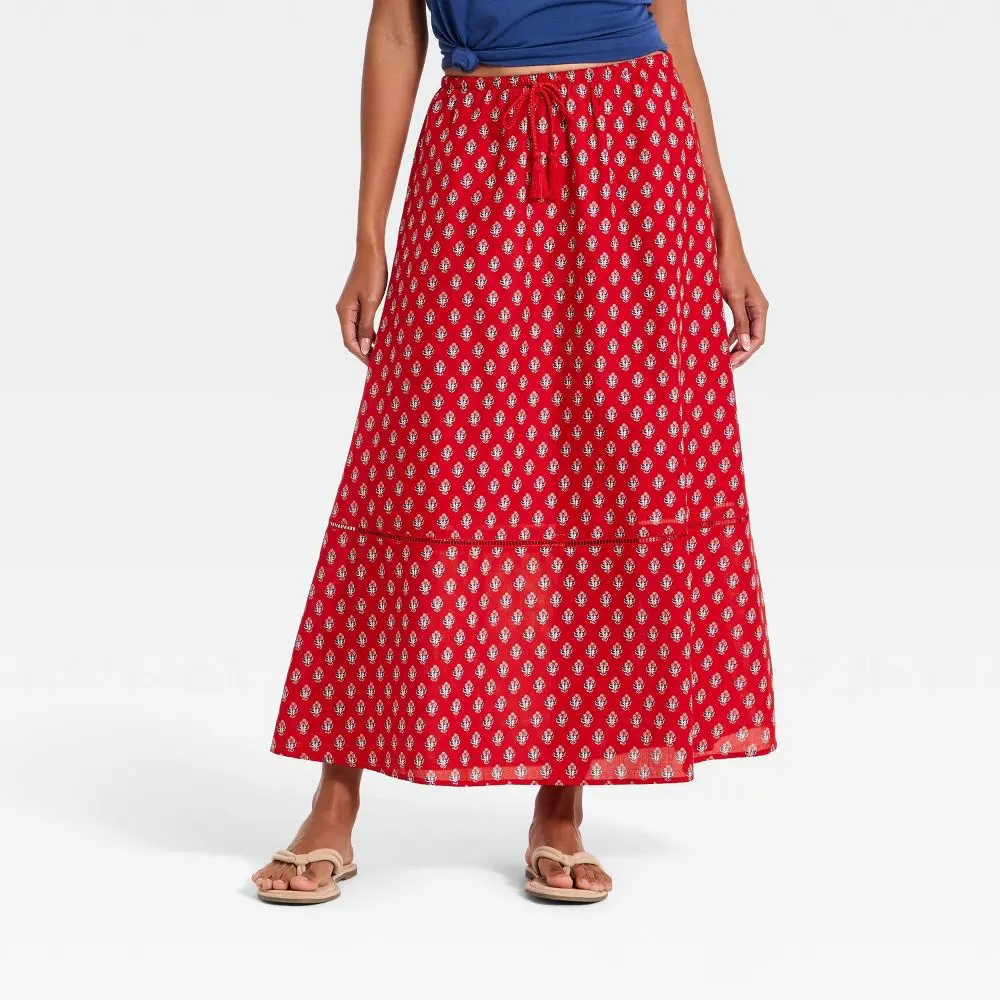 Universal Thread Women's High Rise Cotton Full Maxi Skirt - Red Floral