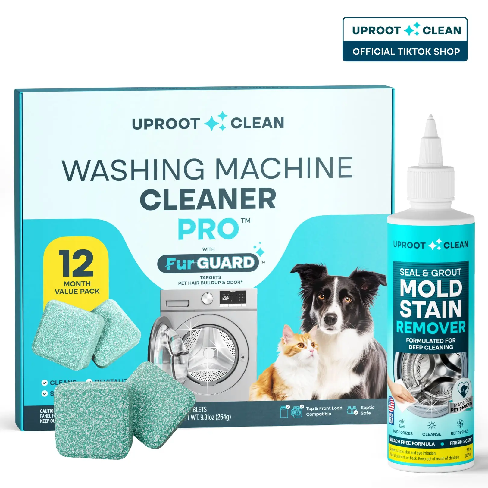 Uproot Clean PET HOME Washer Reset Bundle – Mold Stain Remover Gel & Enzyme Cleaner Tablets – Bleach-Free Seal & Drum Deep Clean for HE, Front & Top Load – Pet-Safe & Septic Safe