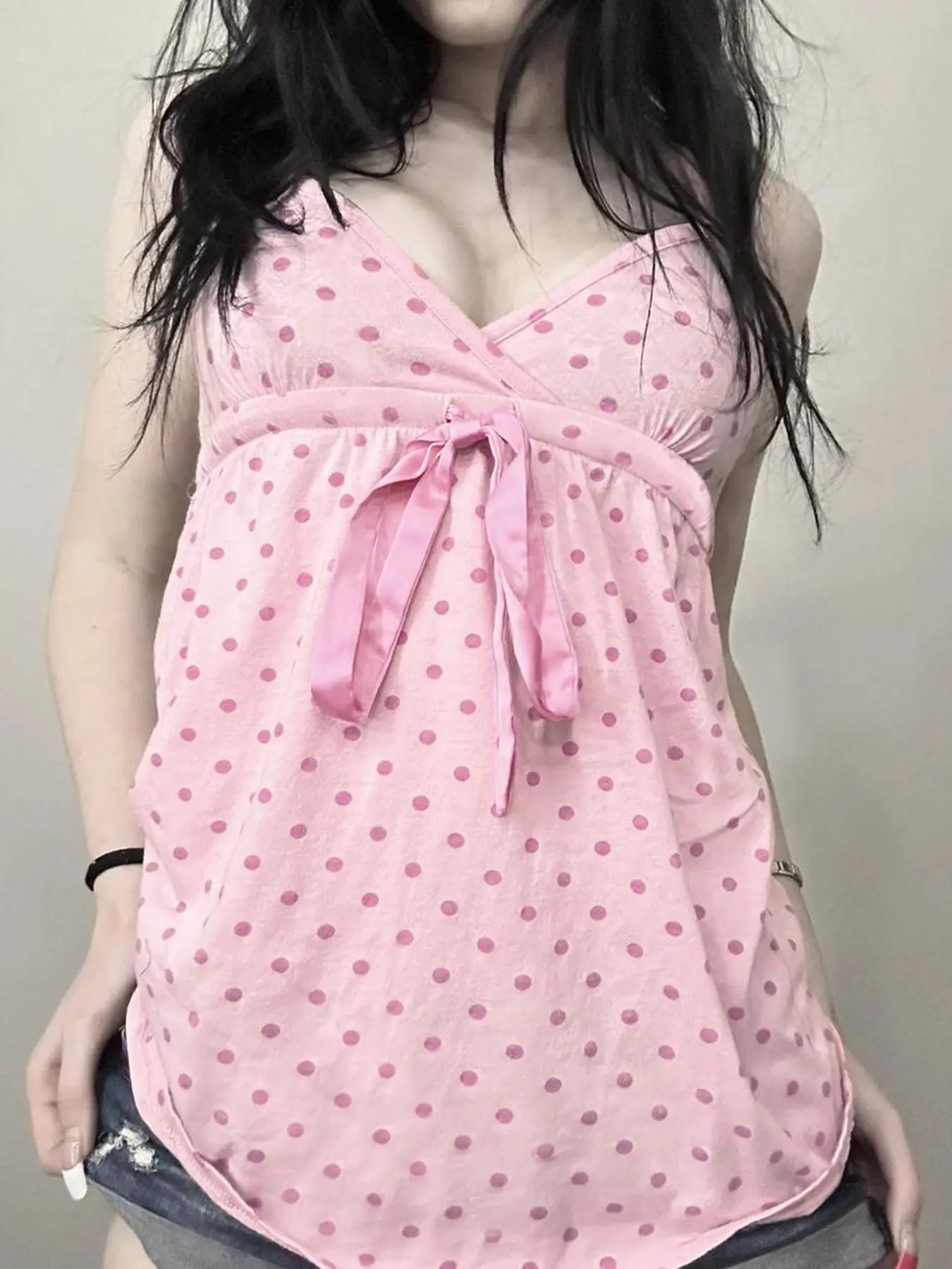 Y2K Sweet Cute Casual Bow Tie Polka Dot Sleeveless A-Line Tank Cami Top for Women, Fitted Long Backless Design, All Seasons Fashion