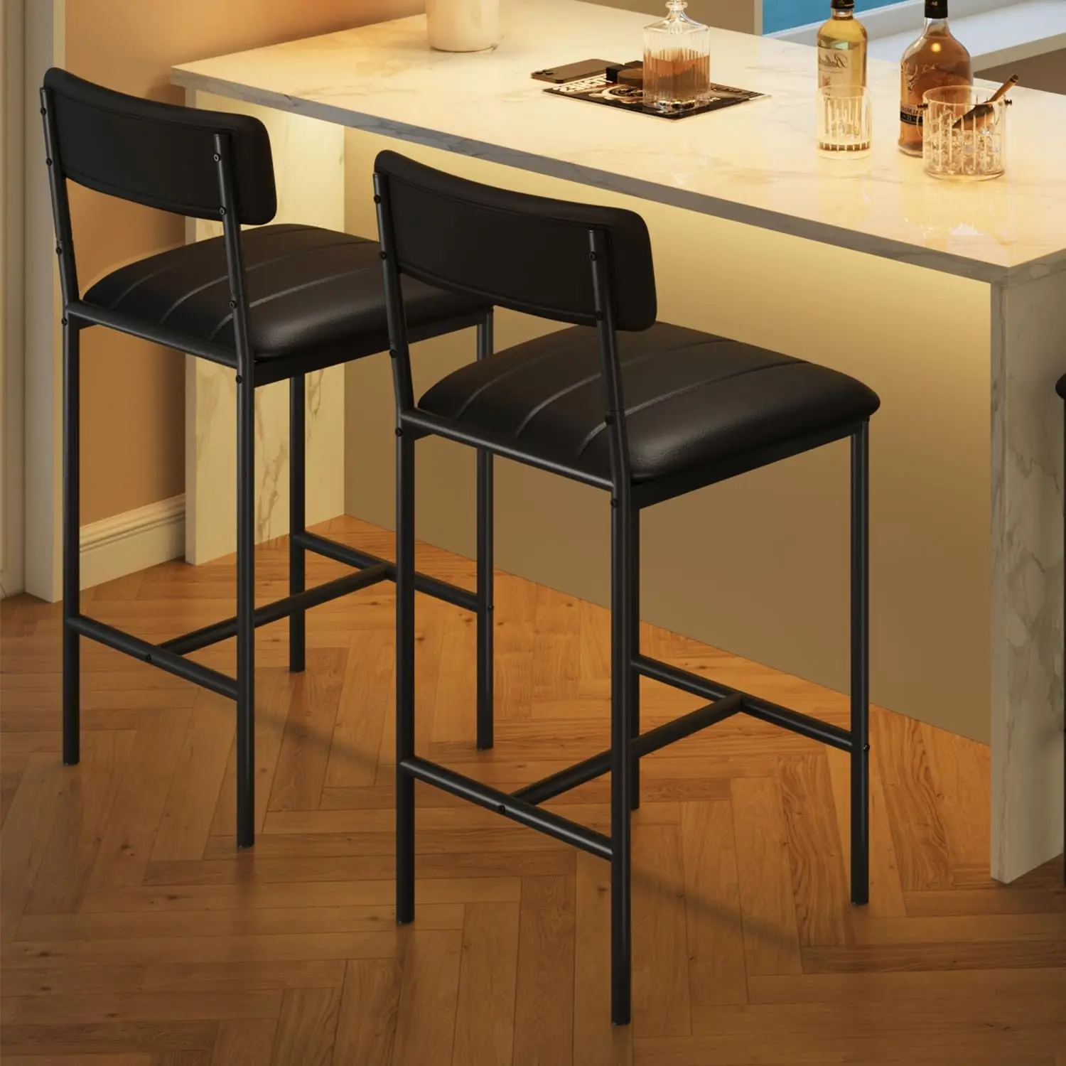 Gaomon 2-Pack Black Modern PU Leather Armless Counter Height Bar Stools - Back-Friendly, High-Density Foam Seat, U-Frame, Footrest, Sturdy, Easy Set-Up, 400 lbs Capacity Dining Chairs for Kitchen Island