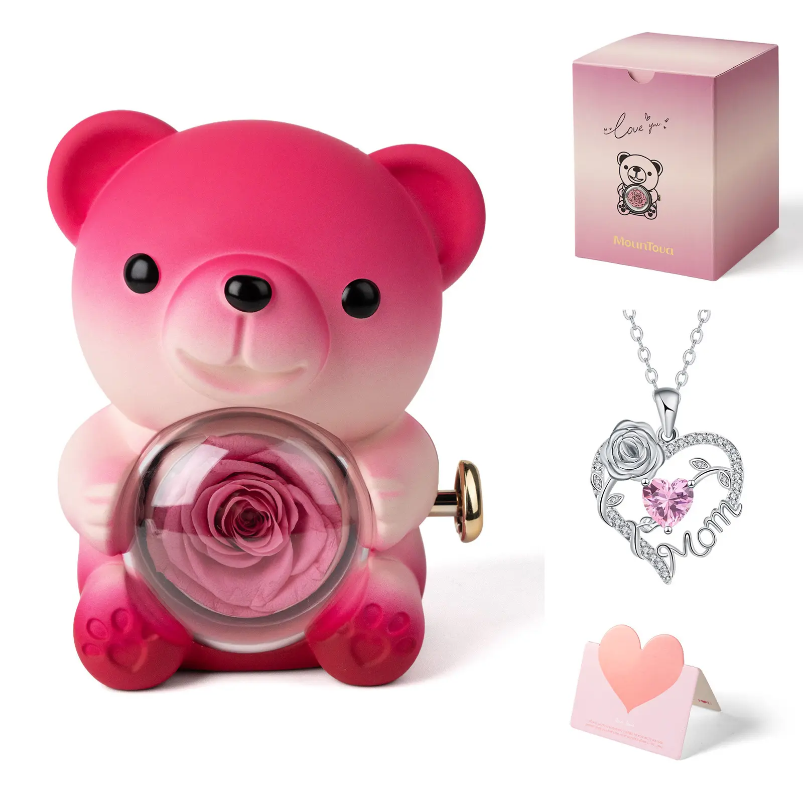 pink gradient bear+mom necklace+gift bag+card