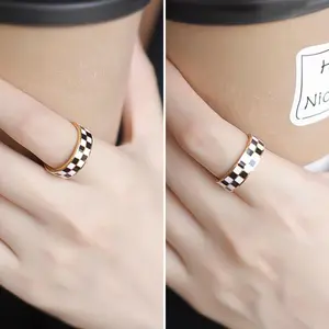 6mm 14k Gold Plated Rings Polished Checkerboard Bands Knuckle Statement Pointer Finger Ring Comfort Fit Size 5-9
