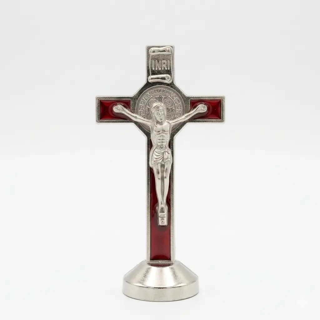 3” St. Benedict Standing Pedestal Crucifix, Round Metal Religious-Themed Home Decor Piece, Christianity Religious Decorations