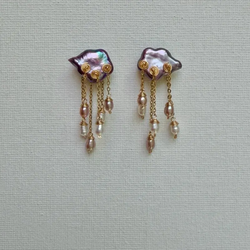 Midnight Deluge Baroque Black Pearl Raincloud Earrings, Iridescent Purple Cloud Dangles, Unique Handcrafted Stormy Jewelry Gift for Her