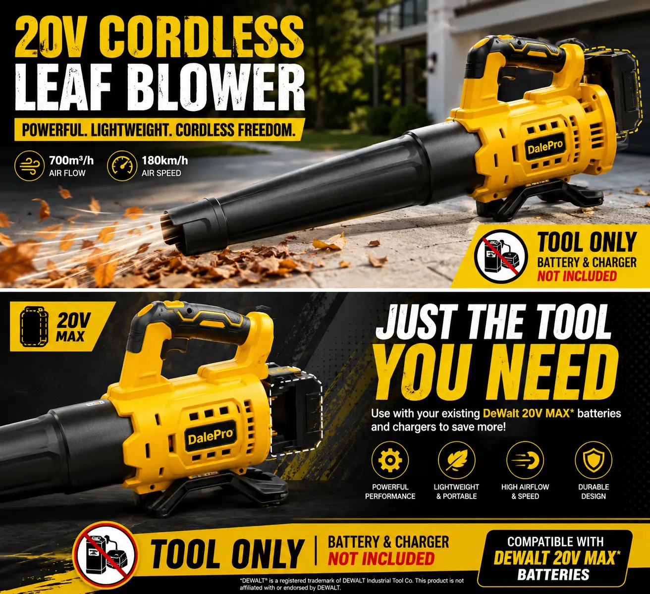 (Tool Only, Battery Not Included) Cordless Leaf Blower for DeWalt 20V Batteries, 700 cu m/h Air Flow