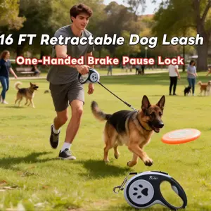 Retractable Dog Leash 16 FT (5M), Heavy Duty Outdoor Pet Walking Leash for Medium and Large Dogs up to 110 lbs, No-Tangle Nylon Tape with One-Handed Brake Pause Lock, Comfortable Grip Handle