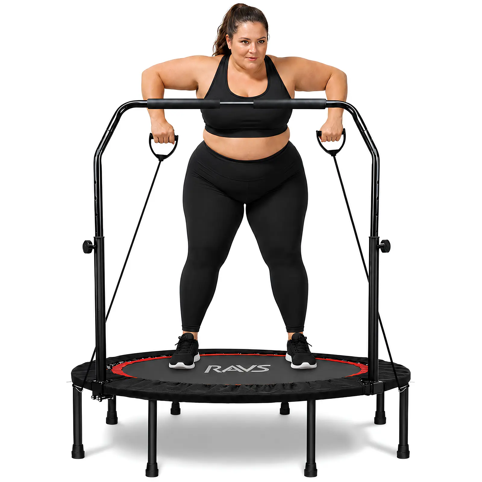 RAVS 450 LBS Foldable Mini Trampoline for Adults &Kids 40"/48"Rebounder Trampoline with Adjustable Foam Bar forIndoor Workout Fitness