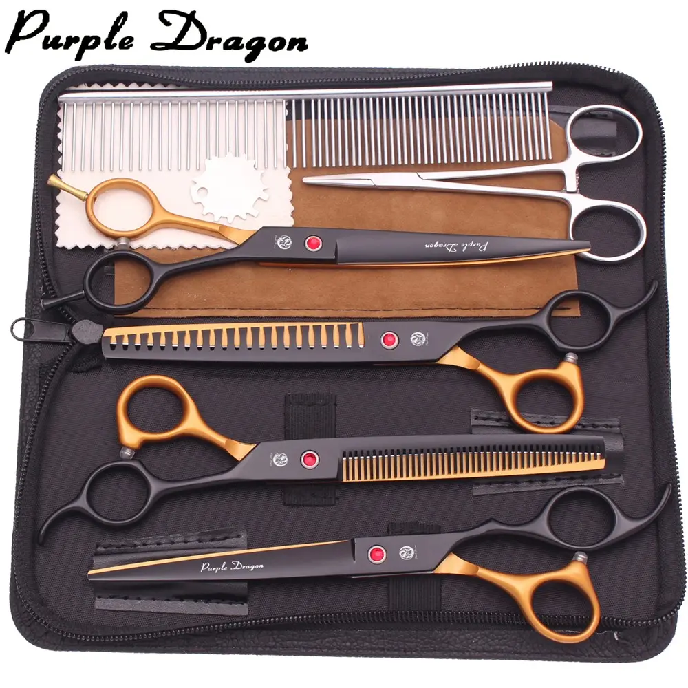 Dog Grooming Scissors Purple Dragon 7.5" Japan Stainless Pet Curved Scissors Thinning Scissors Straight Shears Chunker Set Z3088 Groomer Tools