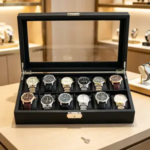 Luxury Watch Display Case for Men & Women Wear Resistant Corrosion Resistant Carbon Fiber Storage Box with Lock Small Space Organizer Black Stainless Steel Strap Leather Strap