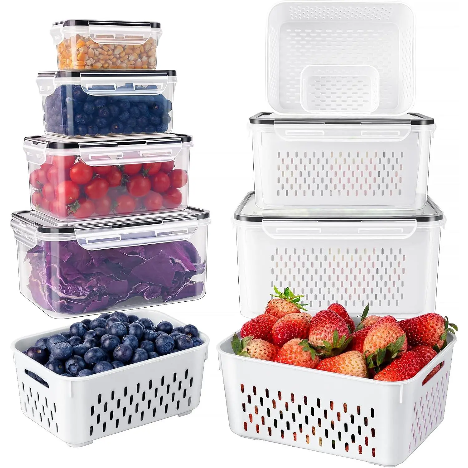 4-in-1 Fresh Keeper Refrigerator Storage Containers (4/6-Pack) - Stackable Fridge Organizer Bins with Removable Colanders, Lids for Lettuce, Berries, Fruits, Vegetables, Meat