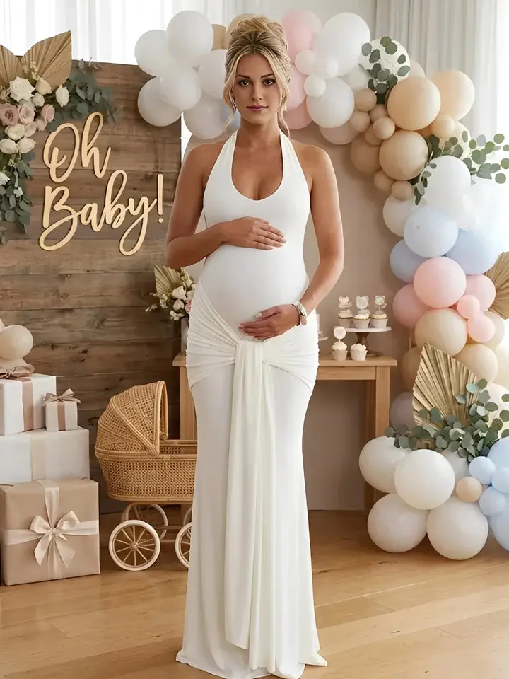 Elegant Ruched Maternity Gown, Solid Bodycon V-Neck Maxi Dress with Open Back Bow Detail, Polyester Pregnancy Outfit for Baby Shower & Wedding Guest, Maternity Outfit, Pregnancy Clothes, Ruched Detail, Cocktail-Ready Elegance, Below Ankles