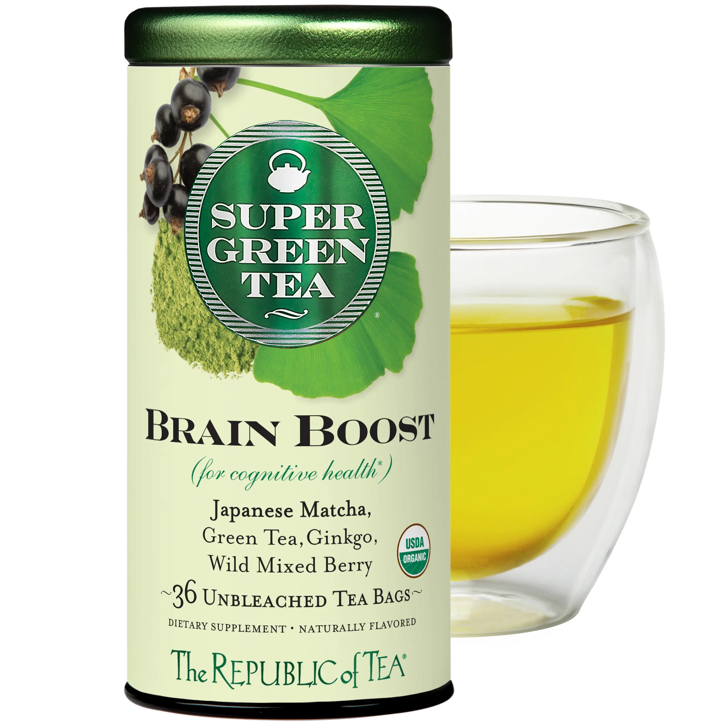 The Republic of Tea - Organic Brain Boost SuperGreen Green Tea, Ginkgo Biloba, and Matcha Tea Blend, 36 Tea Bags