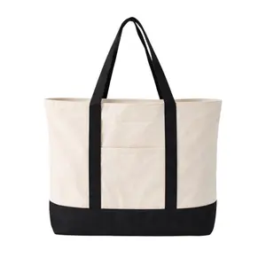 Large Canvas Work Tote Bag with Zipper Top and Front Pocket, Two-Tone Shoulder Bag for Commute, Campus and Everyday Use