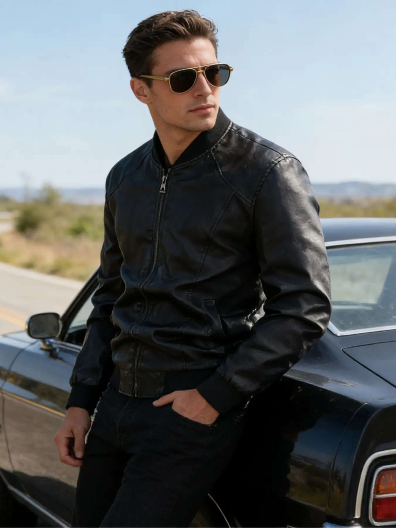 The black baseball collar leather jacket, Fashion fit jacket, while the smooth leather surface exudes confidence, making it suitable for daily streets and business casual wear