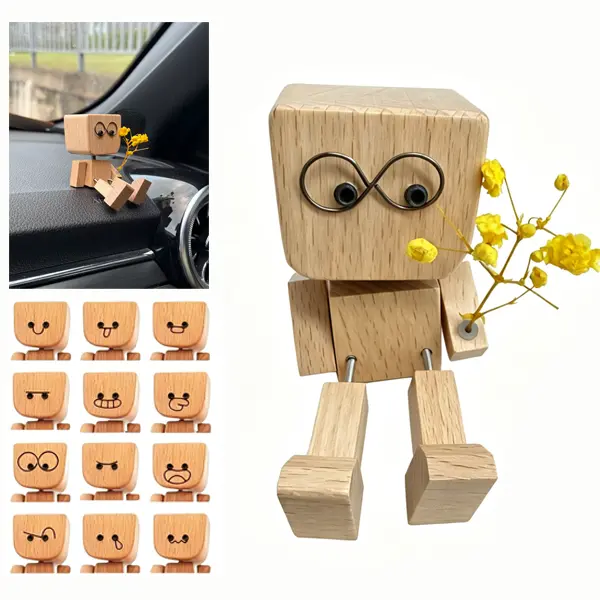 Multifunctional DIY Wooden Figure Car Dashboard Decoration, Office Desktop Display Ornament, Birthday Gift Accessory, Car Interior Decoration, Car Trinkets,   Car Dashboard Accessories with 12PCS Magnetic Expressions, Car Trinkets
