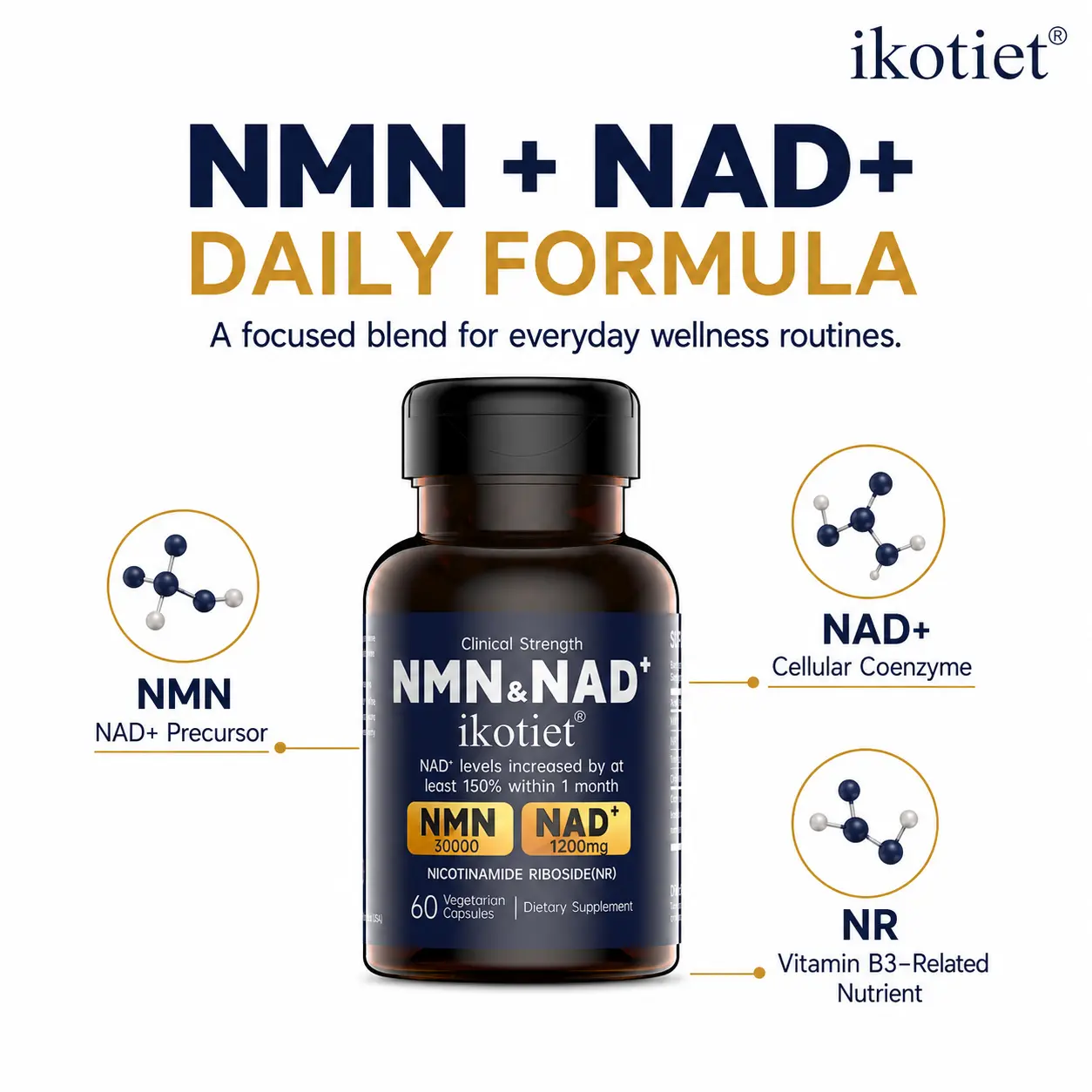 ikotiet NMN & NAD+ Triple Complex Veggie Capsules with Collagen Peptides, Beauty & Cellular Boost Supplement, 300 Count (60 Servings, 150-Day Supply), Full Bottle + Trial Pack, Adult Dietary Support for Daily Wellness, Easy Routine