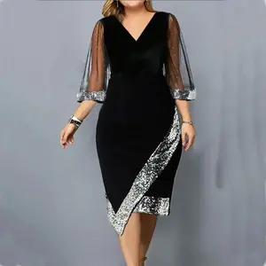 Mesh Half Sleeve Midi Dress for Ladies Evening Cocktail Party