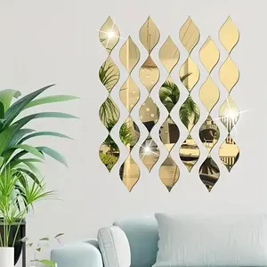 10pcs/set Bohemian Style PS Plastic Mirror Wall Stickers, Wall Decal, Oval Leaf Droplet Design, Glossy Surface Treatment, Suitable for Living Room and Bathroom Decoration, Self Adhesive Stickers