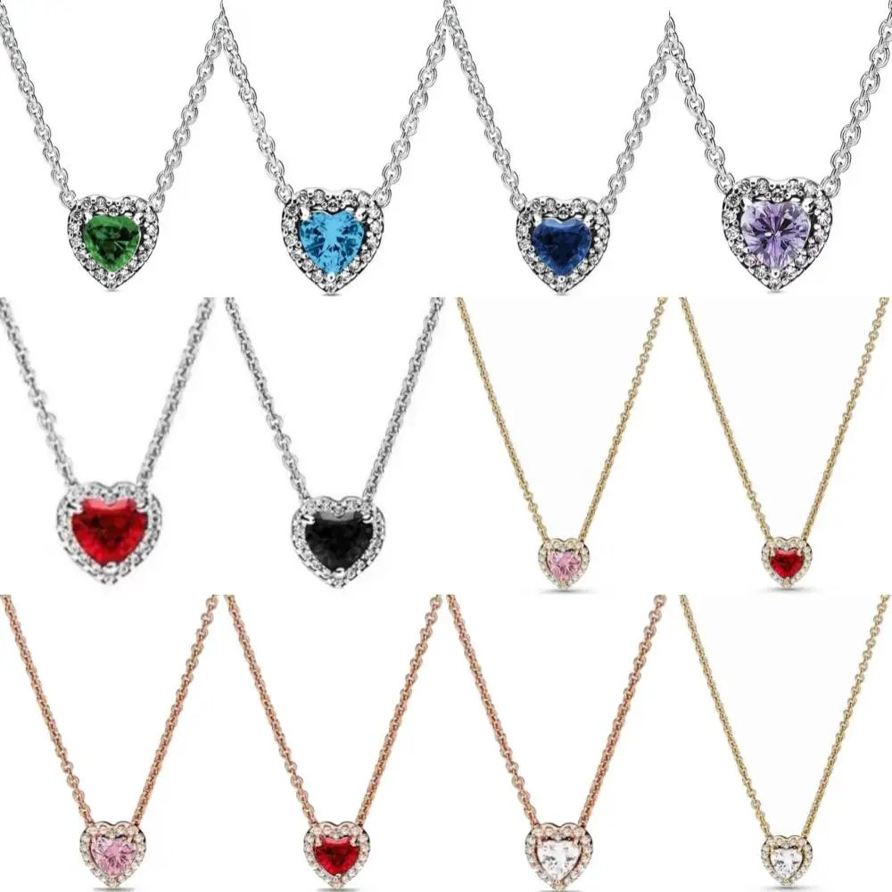 925 Silver, Red, Green, Purple Heart-Shaped Necklace, Suitable For European Women's Exquisite Jewelry Gifts