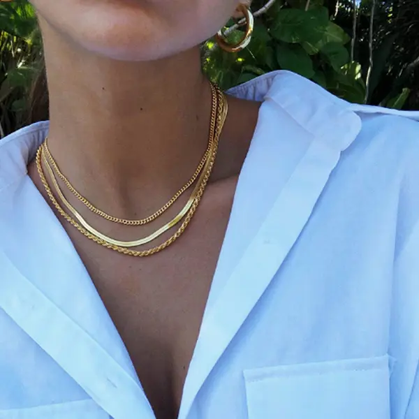 CAROVO Gold-Plated 3-Pack Multi-Chain Necklace Bundle - Cuban, Snake, Twist Styles, Without Pendants, Casual Fashion Matching Chain Jewelry Accessories for Everyday Wear & Gifting