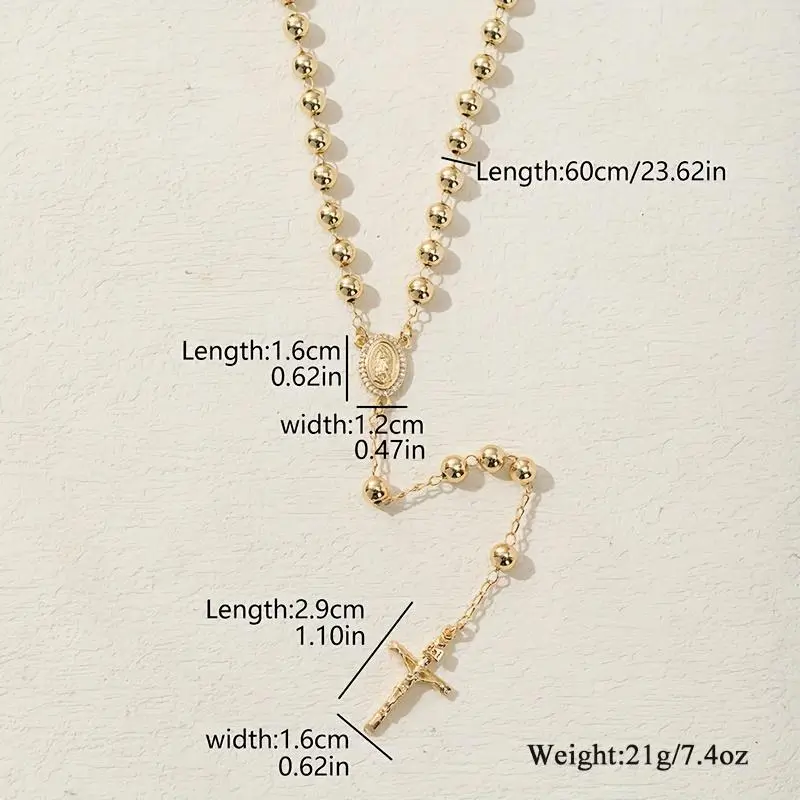 Women's 14 Karat Gold Plated Catholic Y-Necklace - Our Lady of Guadalupe Pendant with Rosary Beads, Cross Design - Elegant Dainty Christian Jewelry, Daily Wear Necklace for Gifting