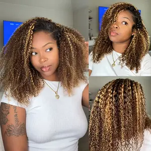 Midulla Ombre Highlight Kinky Curly Half Wig Ready to Wear Glueless Human Hair Wigs with Drawstring for Women Beginner Friendly