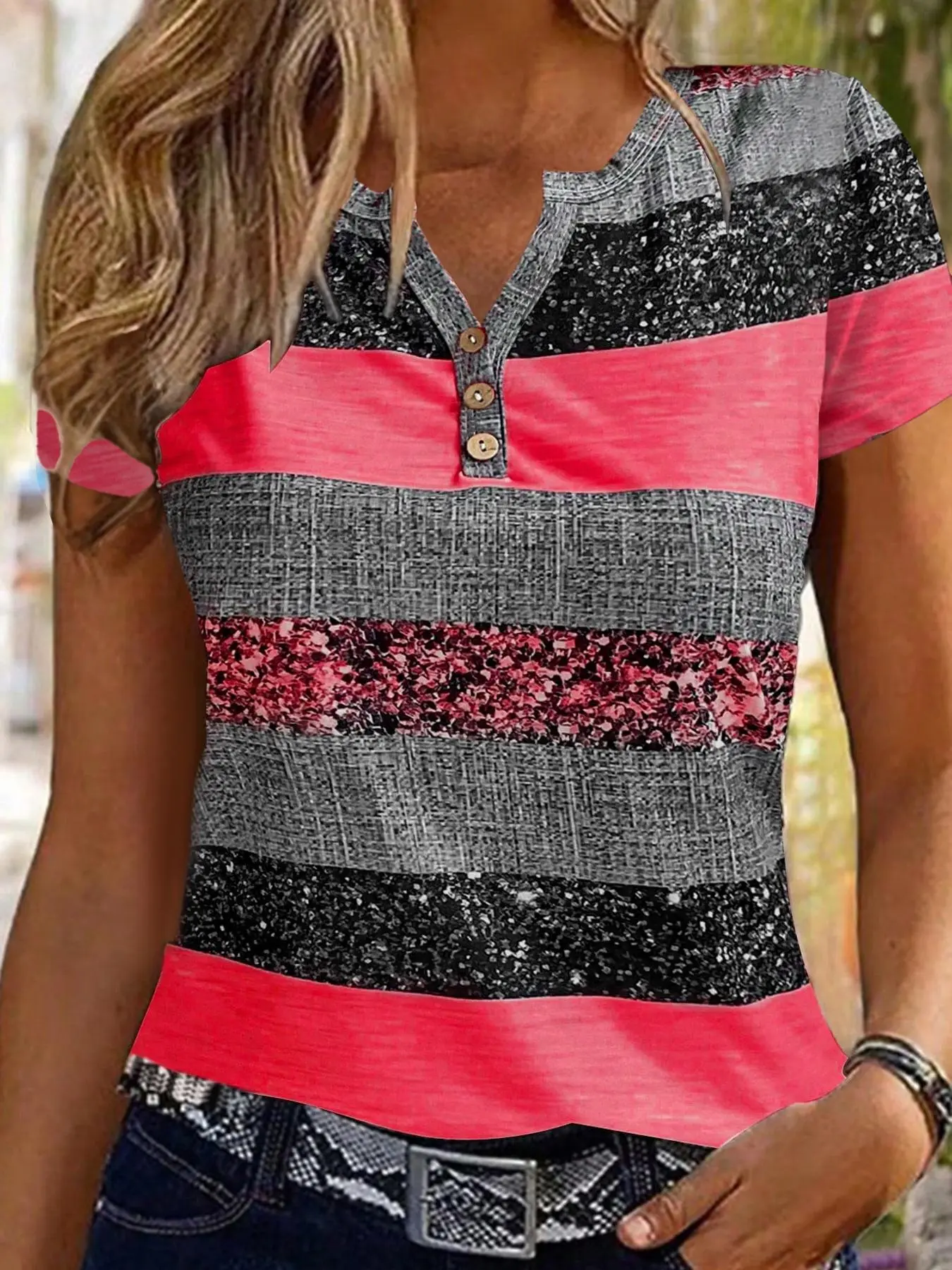 Women's Patchwork Print Tee, Casual Printed, Casual Short Sleeve Fitted T-shirt for Daily Wear, Ladies Clothes for All Seasons, Top, Casual Tops, Womenswear