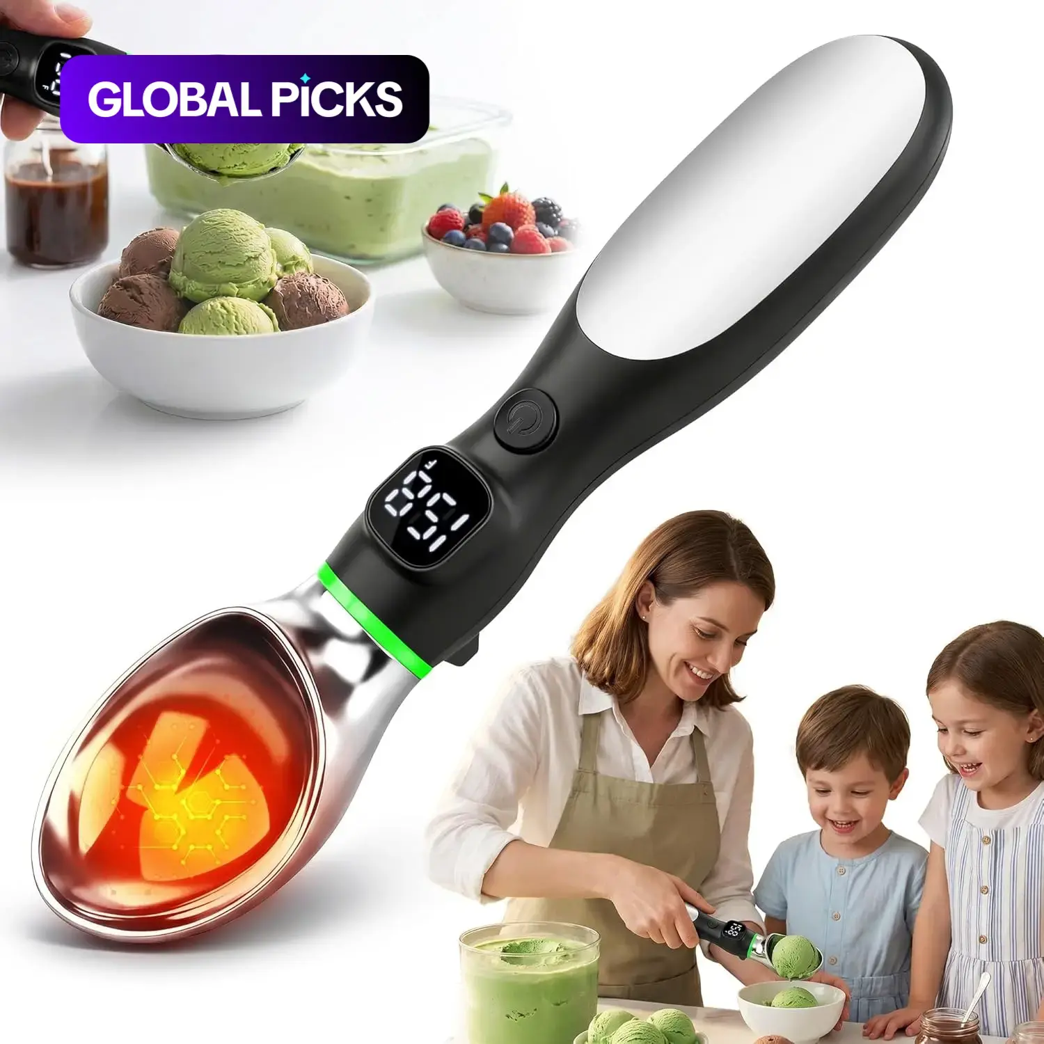 Heated Ice Cream Scoop, Rechargeable Electric Scoop, Ice Cream Spoon, 2‑oz Stainless Steel with LED Display and Ambient Lights, Ideal for Hard Ice Cream #GLOBAL PICKS