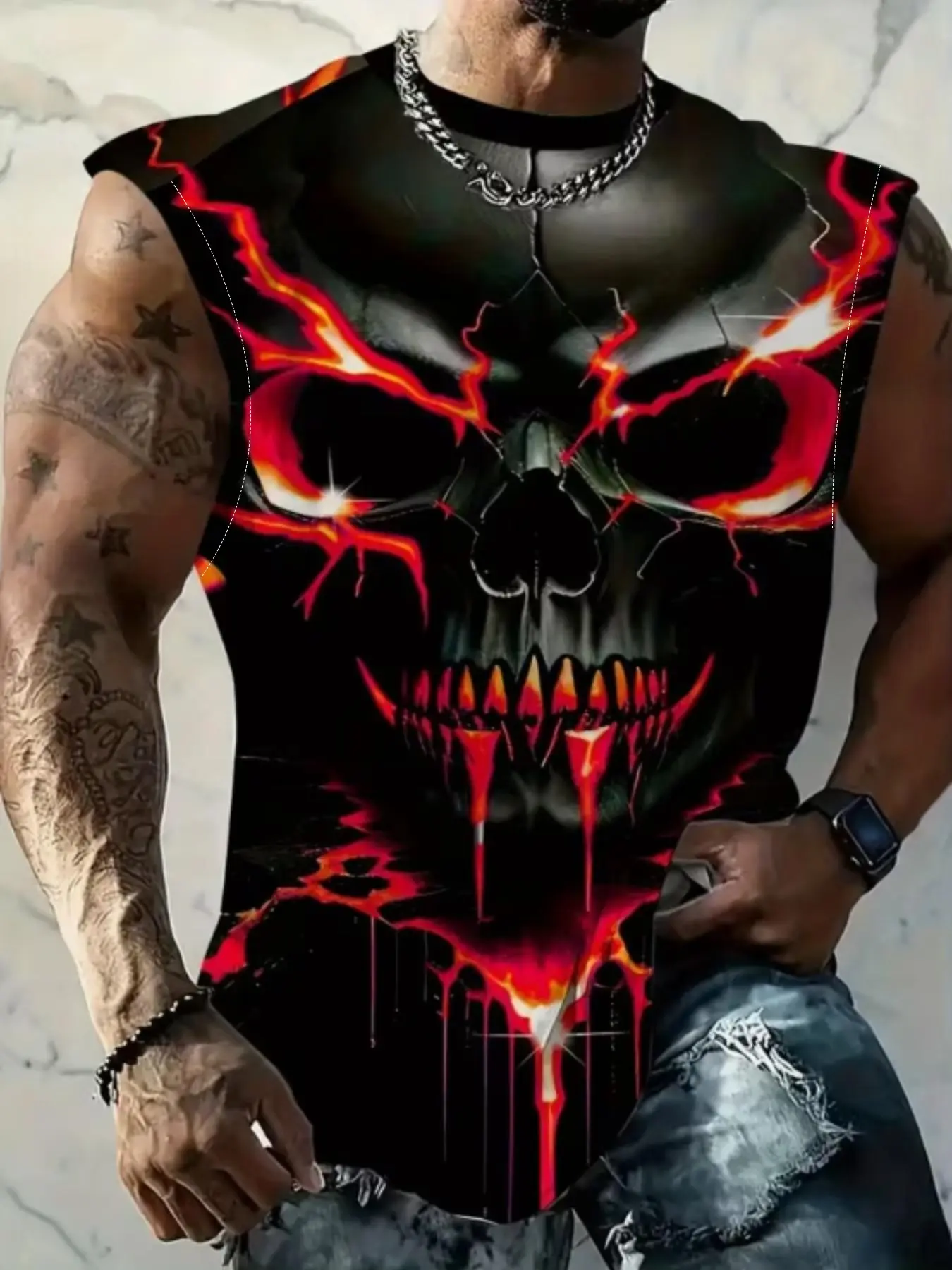 Men's 3D Skull Print Sleeveless Vest, Casual Streetwear Looks, Casual Fitted Design, All over Print, Perfect for All Seasons, Stylish and Comfortable, Casual Fashion Fitted