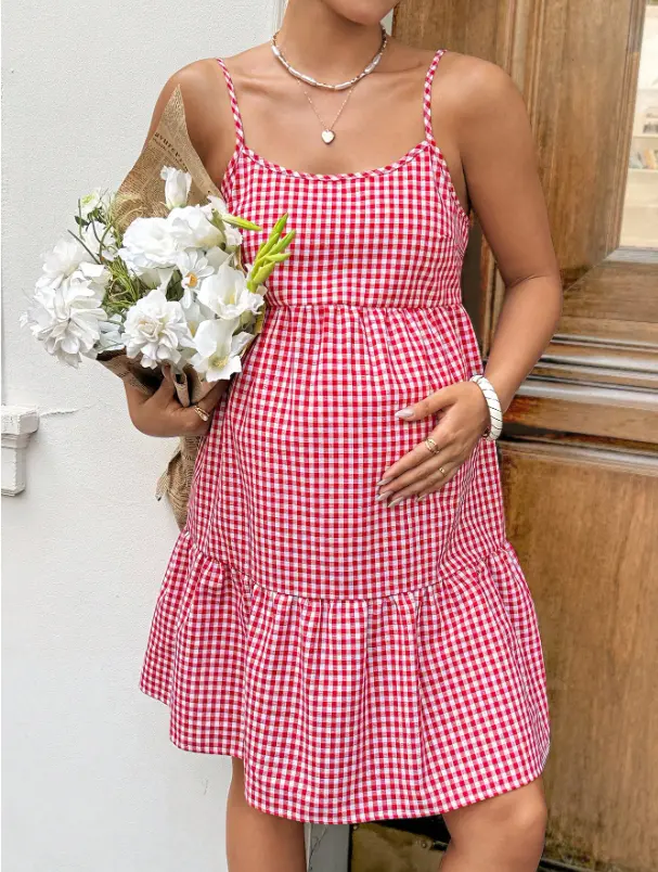 CMEUND Maternity Casual Plaid Backless Strap Dress