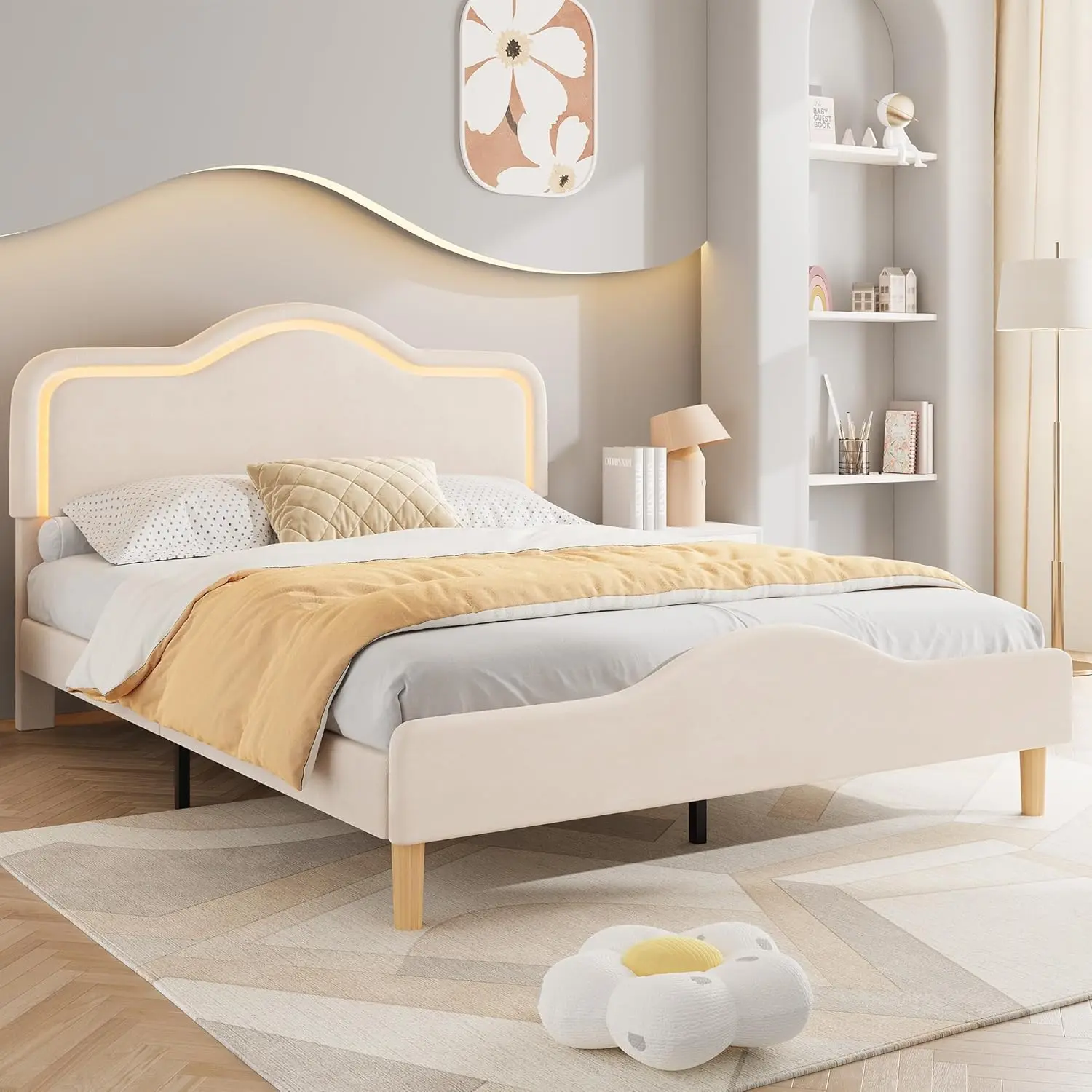 Soft Upholstered Platform Bed Frame with Adjustable RGB LED Headboard & Footboard – Wooden Slats, Princess Style, Easy Assembly, No Box Spring Needed