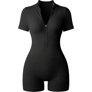 Women Rompers Ribbed Short Sleeve Zip Front Stretch Tummy Control Yoga Workout Rompers