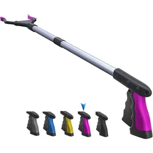 Upgrade PowerGrip T9 Grabber Reacher Tool – 32" Foldable Wide Jaw Grabber with Steel Cable, 96 Grip Points, Magnet Tip, Pink, for Picking Up Trash, Objects, Grocery Bags, and Hard-to-Reach Items