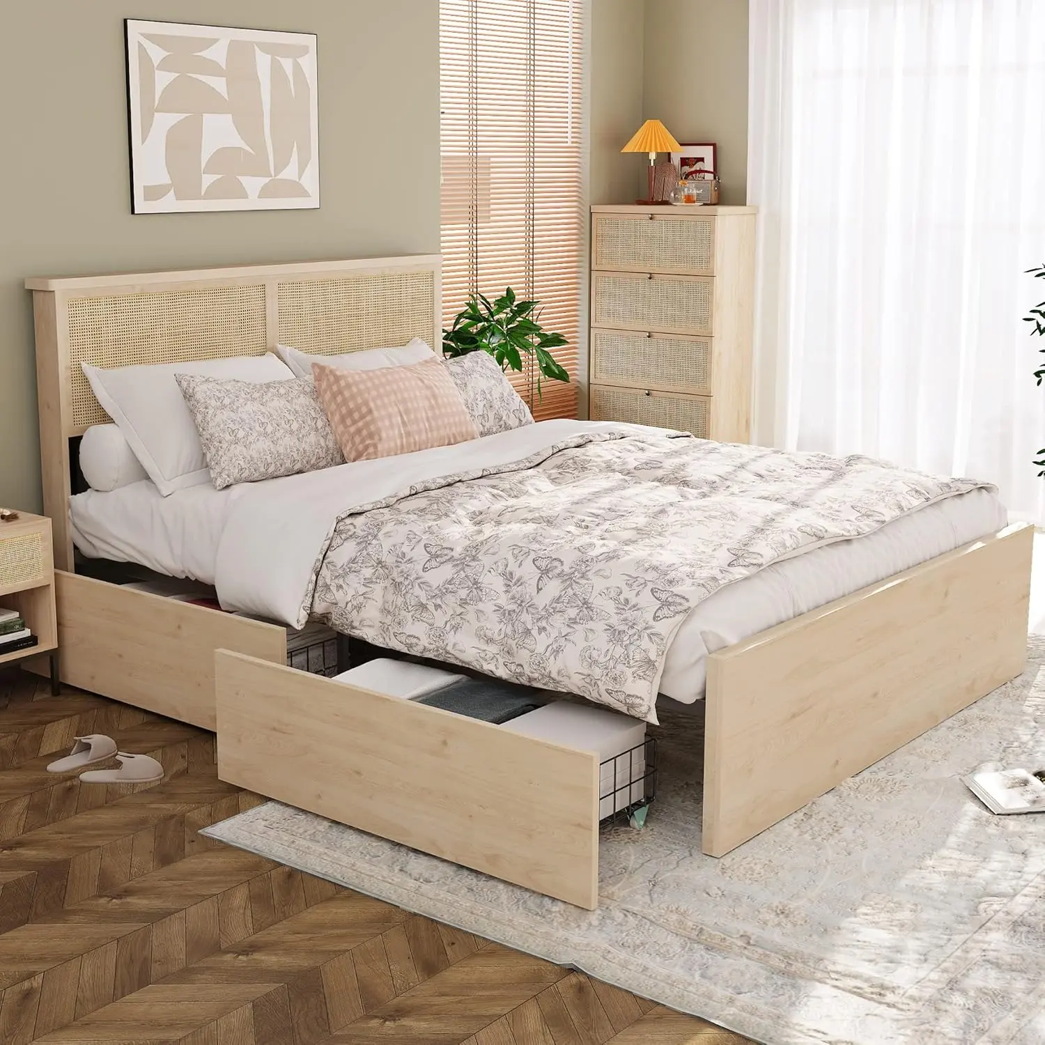 Yechen Boho Cane Bed Frame - Natural Handwoven Rattan Modern Wooden Headboard, FSC Wood Body, 4 Storage Drawers, Metal Platform with Strong Slats Support, No Box Spring Needed (Full, Queen, King Size), Queen Bed Frame