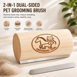 2-in-1 Dual-Sided Deshedding Grooming Brush for Dogs & Cats - Stainless Steel Blade, Wooden Handle Pet Comb, Self-Cleaning Fur Removal Tool for Short & Long Hair Pets to Achieve Shiny Coats