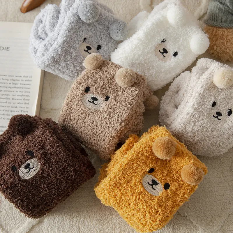 6 Pairs Women's Winter Thick Plush Cute Cartoon Tube Socks, Warm Coral Fleece Sleep Socks, Floor Socks With Long Tube Socks