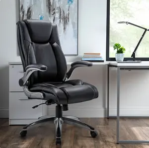 COLAMY Office Chair PU Leather Executive Computer Desk Chair, Flip-up Arms Adjustable Built-in Lumbar Support Rock Tension Swivel Chair Thick Padding Comfort and Ergonomic Design