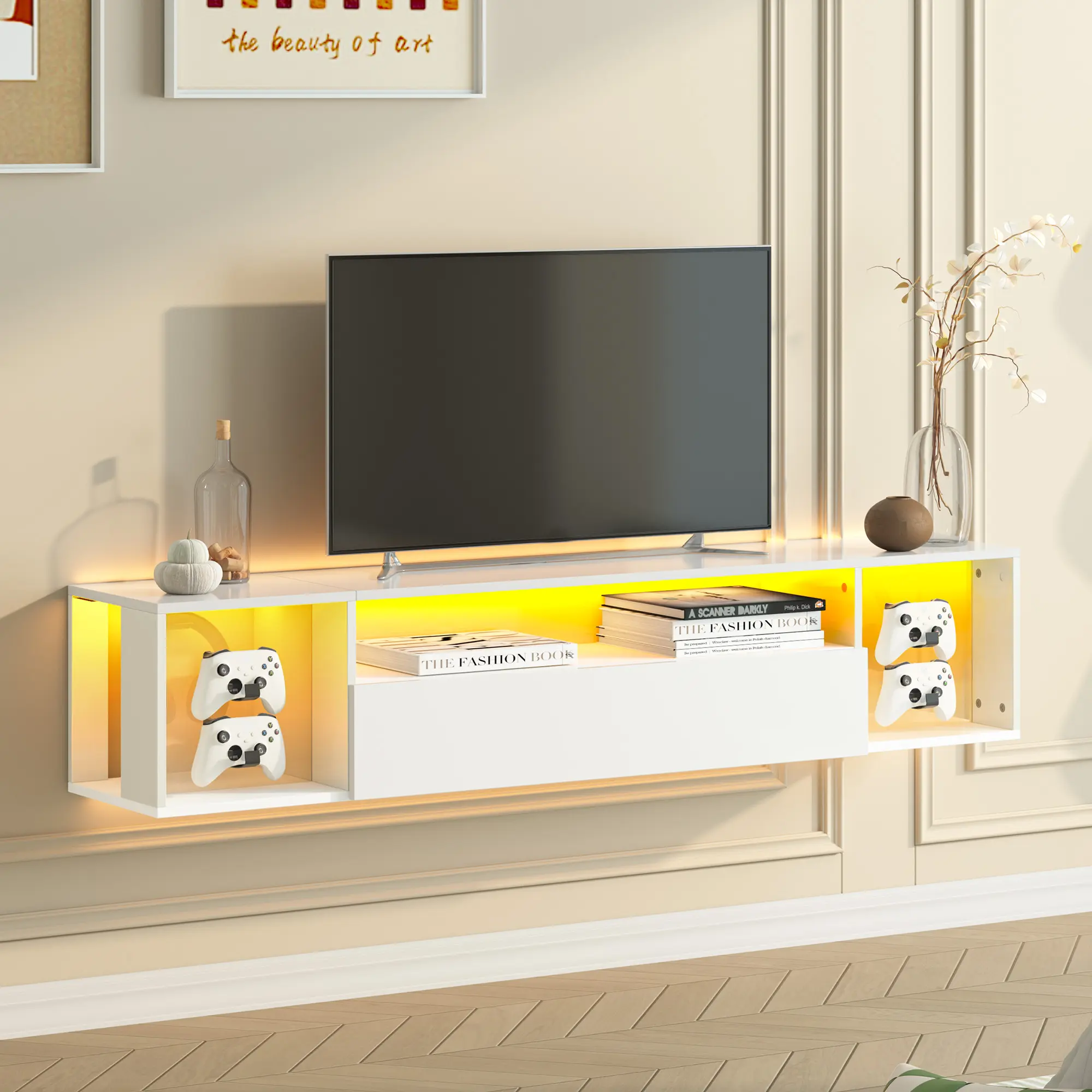140CM White Floating TV Cabinet with LED Light Strip, High Gloss UV Gaming Entertainment Center, Wall Mount Console with Handle & Headset Rack