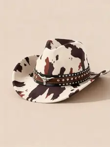 Cow Print Western Cowboy Hat for Men and Women, Elegant Sun Protection Hat for Spring and Summer, Vintage Wide Brim Hat for Fall and Winter